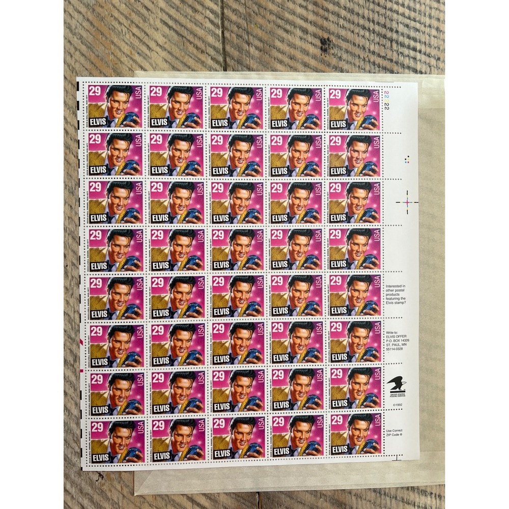 Vintage 1993 Elvis Presley 29 Cent Stamps Full Sheet of 40 USPS Commemorative